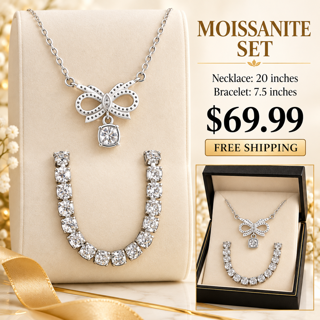 Moissanite Bow Necklace & Bracelet Set with product and gift presentation views