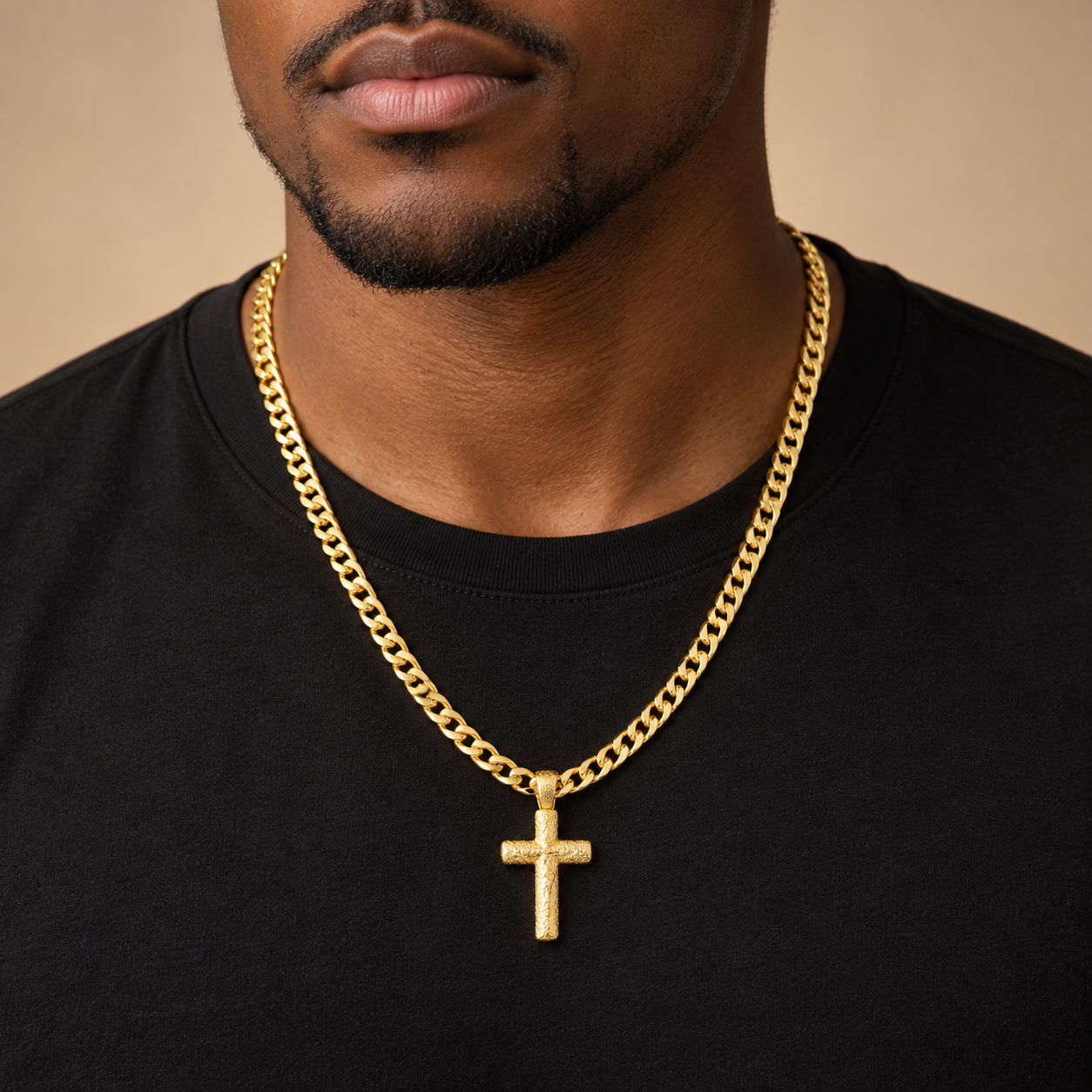Gold-plated cross necklace digitally styled on a male model