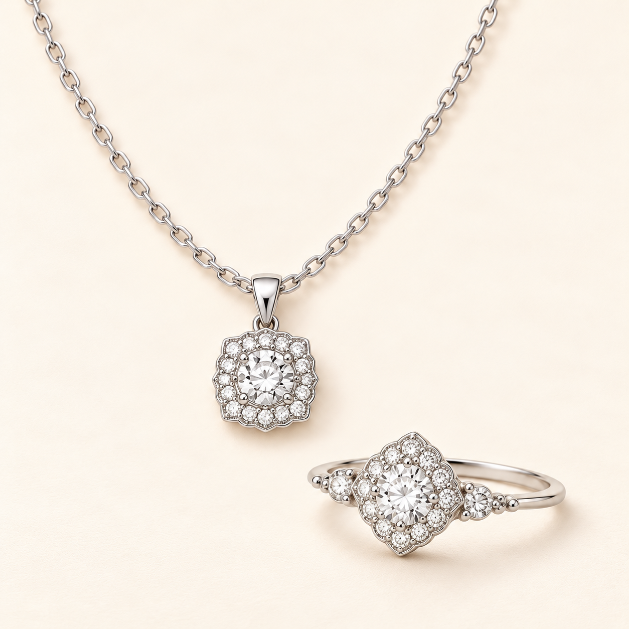 Moissanite Cushion Halo Necklace & Ring Set with product and gift presentation views