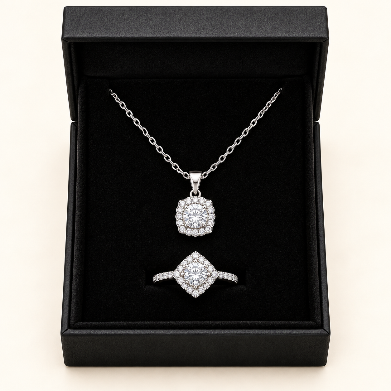 Moissanite Cushion Halo Necklace & Ring Set view 2