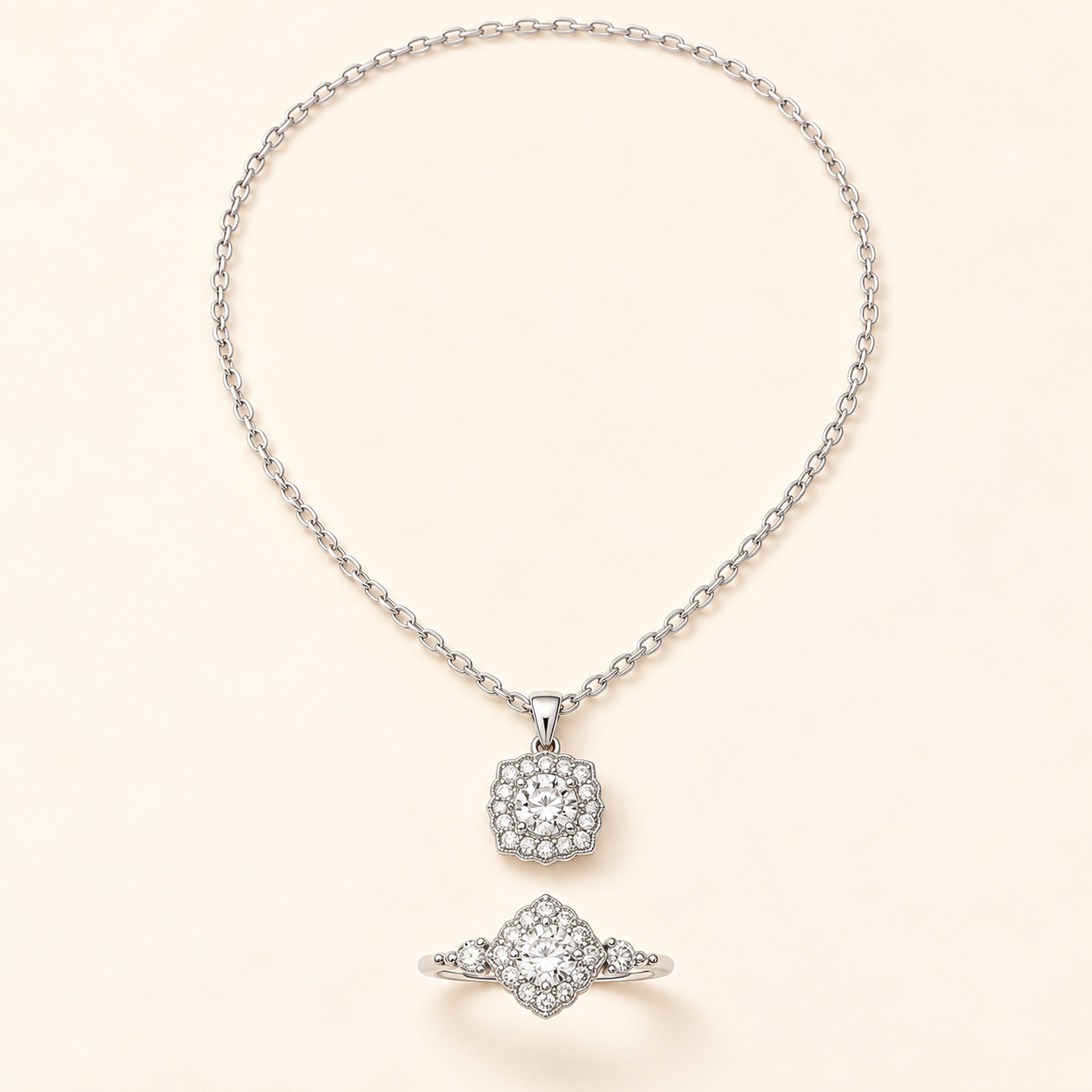 Moissanite Cushion Halo Necklace & Ring Set view 4