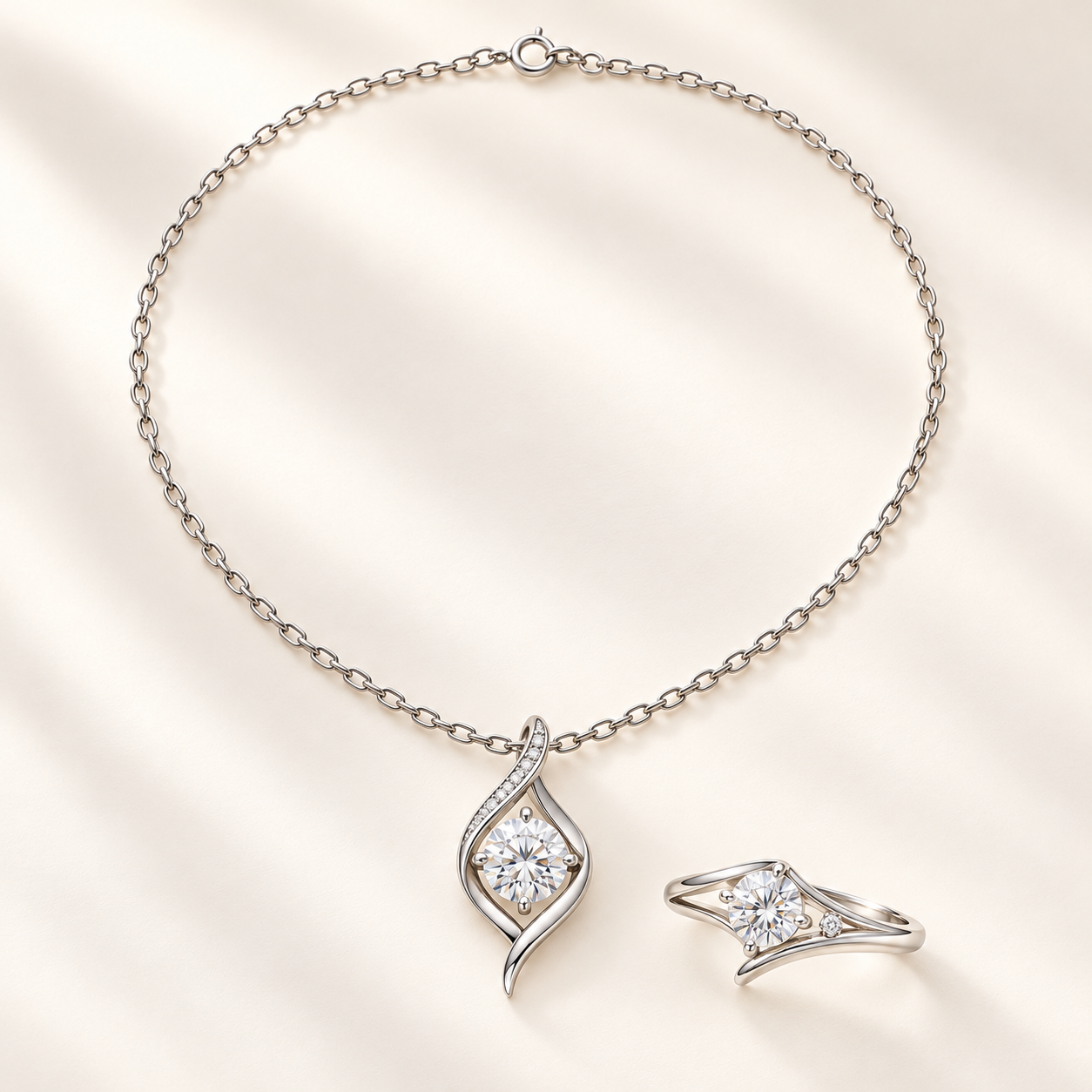 Moissanite Flame Pendant & Ring Set with product and gift presentation views