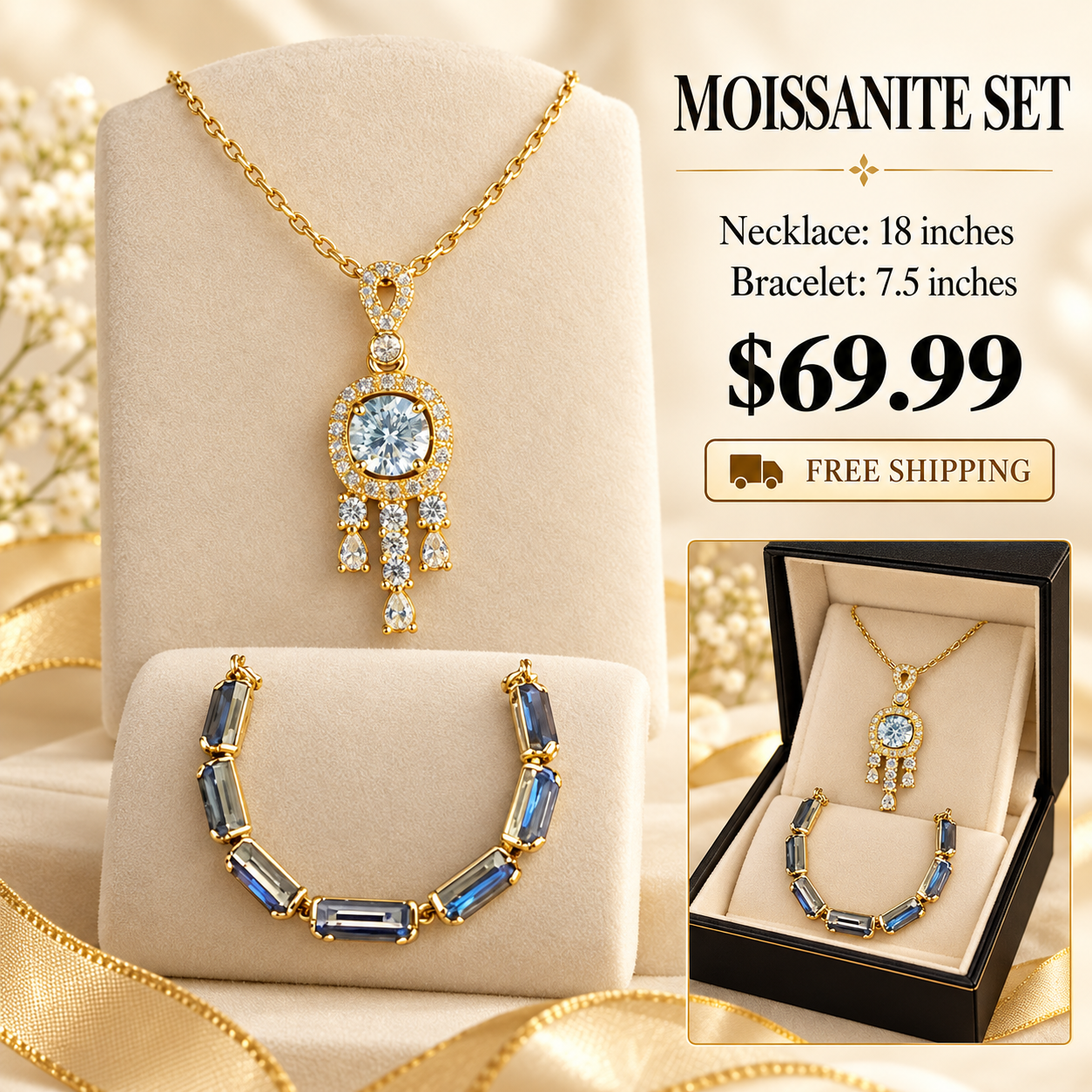 Moissanite Drop Pendant & Rectangular-Stone Bracelet Set with product and gift presentation views