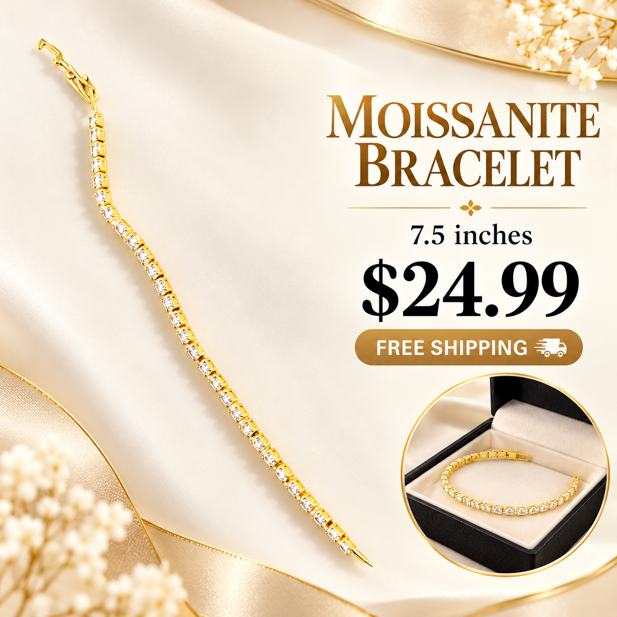 Gold-Tone Moissanite Tennis Bracelet with product and gift presentation views