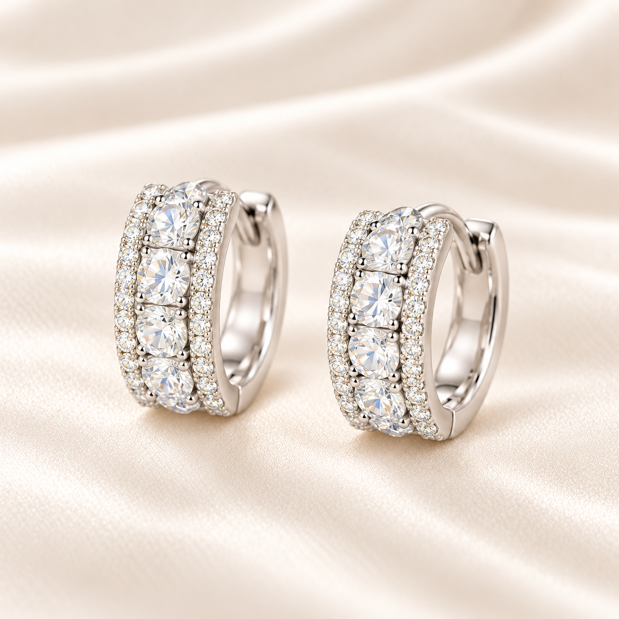 Moissanite Huggie Hoop Earrings with product and gift presentation views