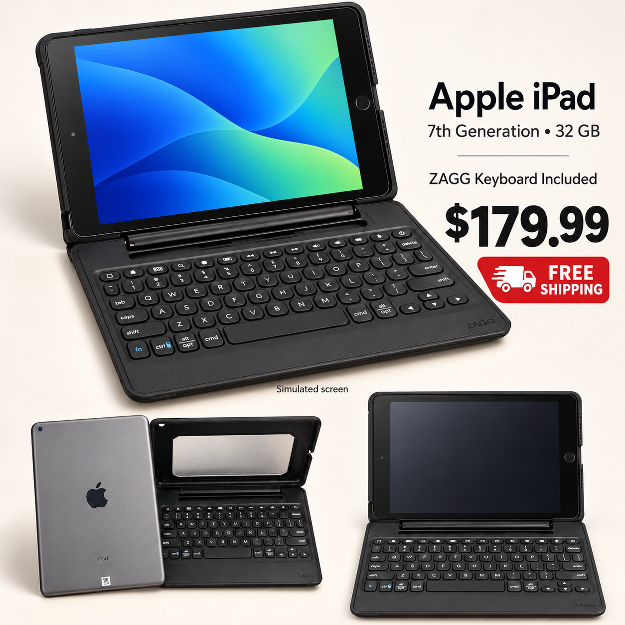 Apple iPad 7th Generation + ZAGG Keyboard with product and gift presentation views