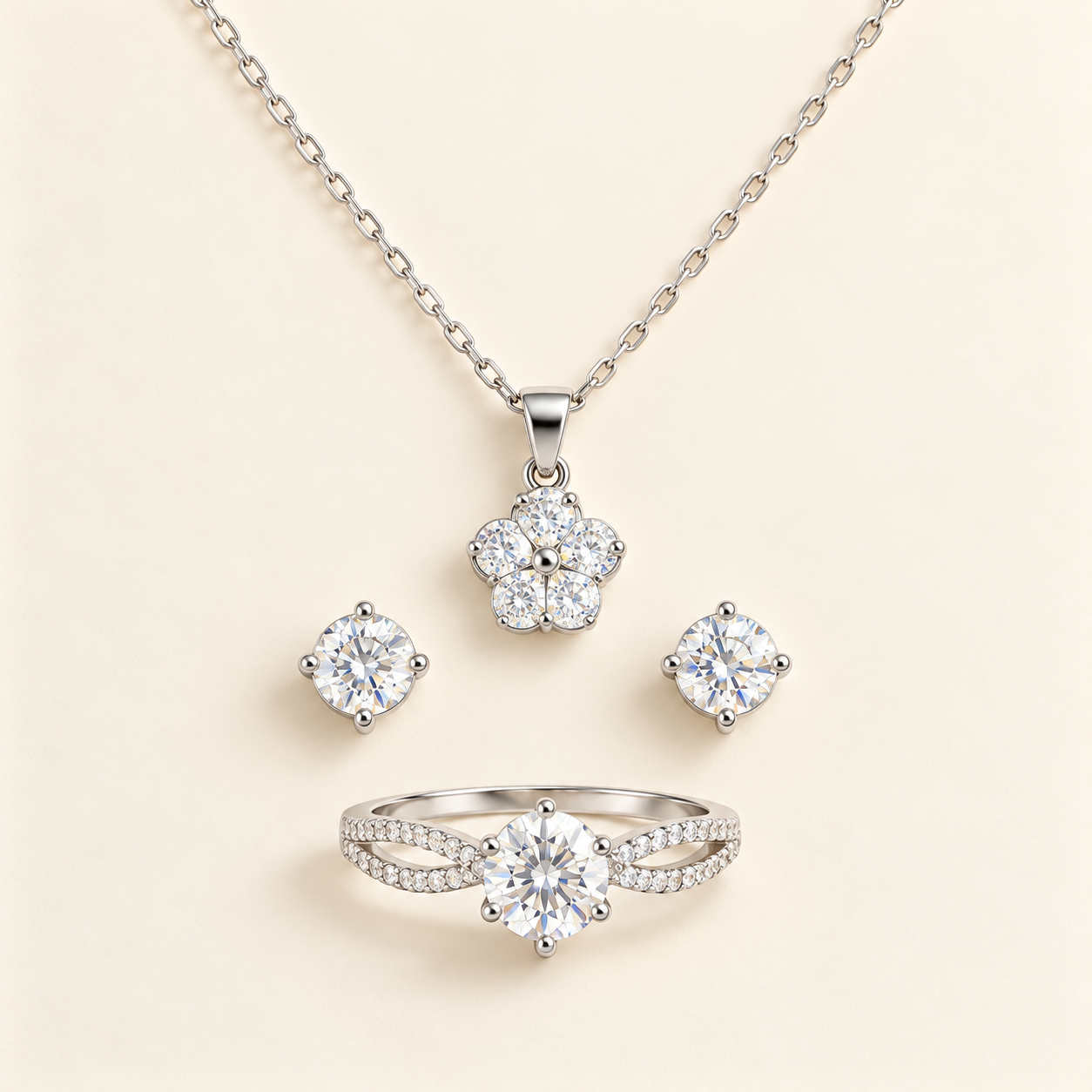 Silver-tone moissanite necklace, ring and stud earrings set