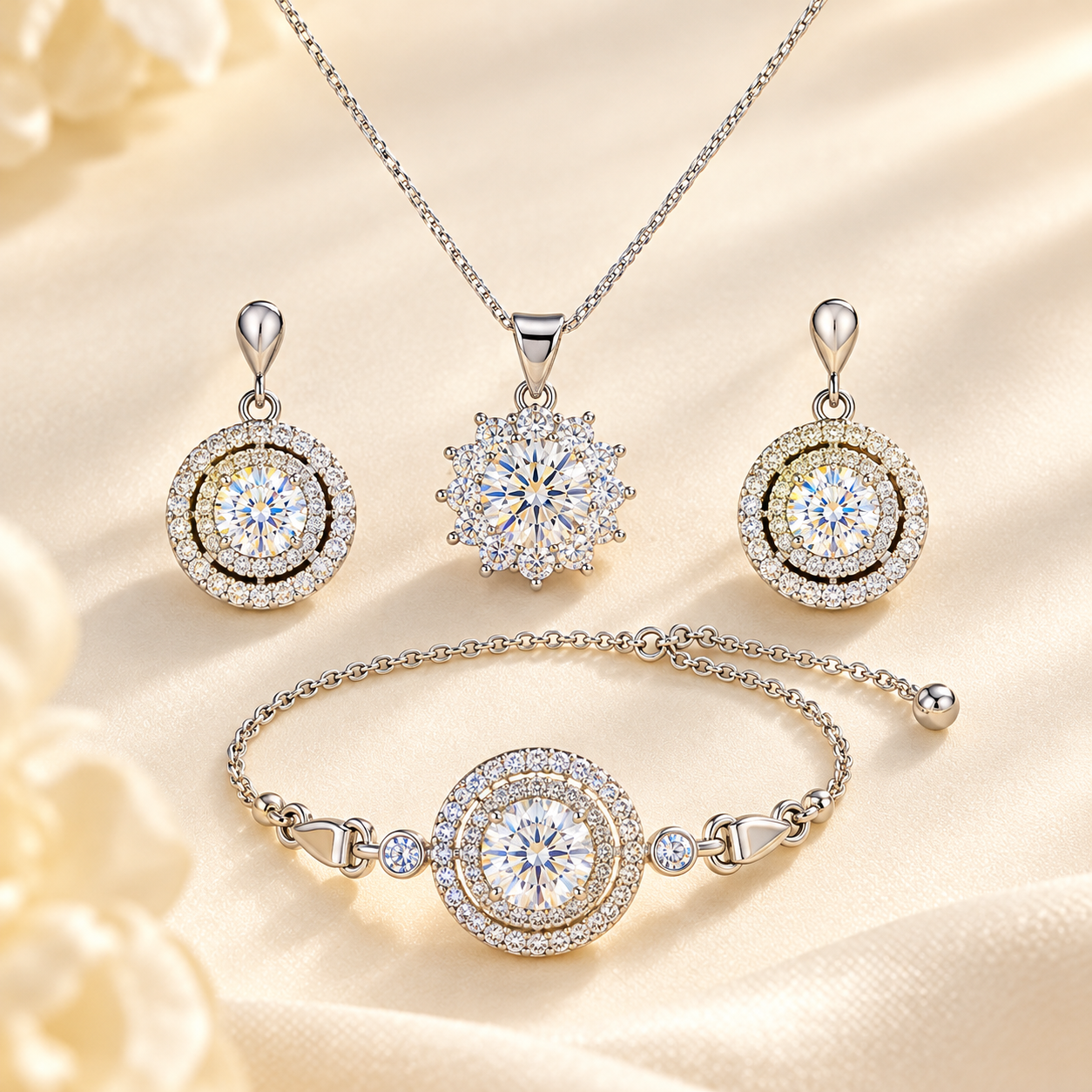 Silver-tone moissanite sunburst necklace, halo dangle earrings and bracelet set