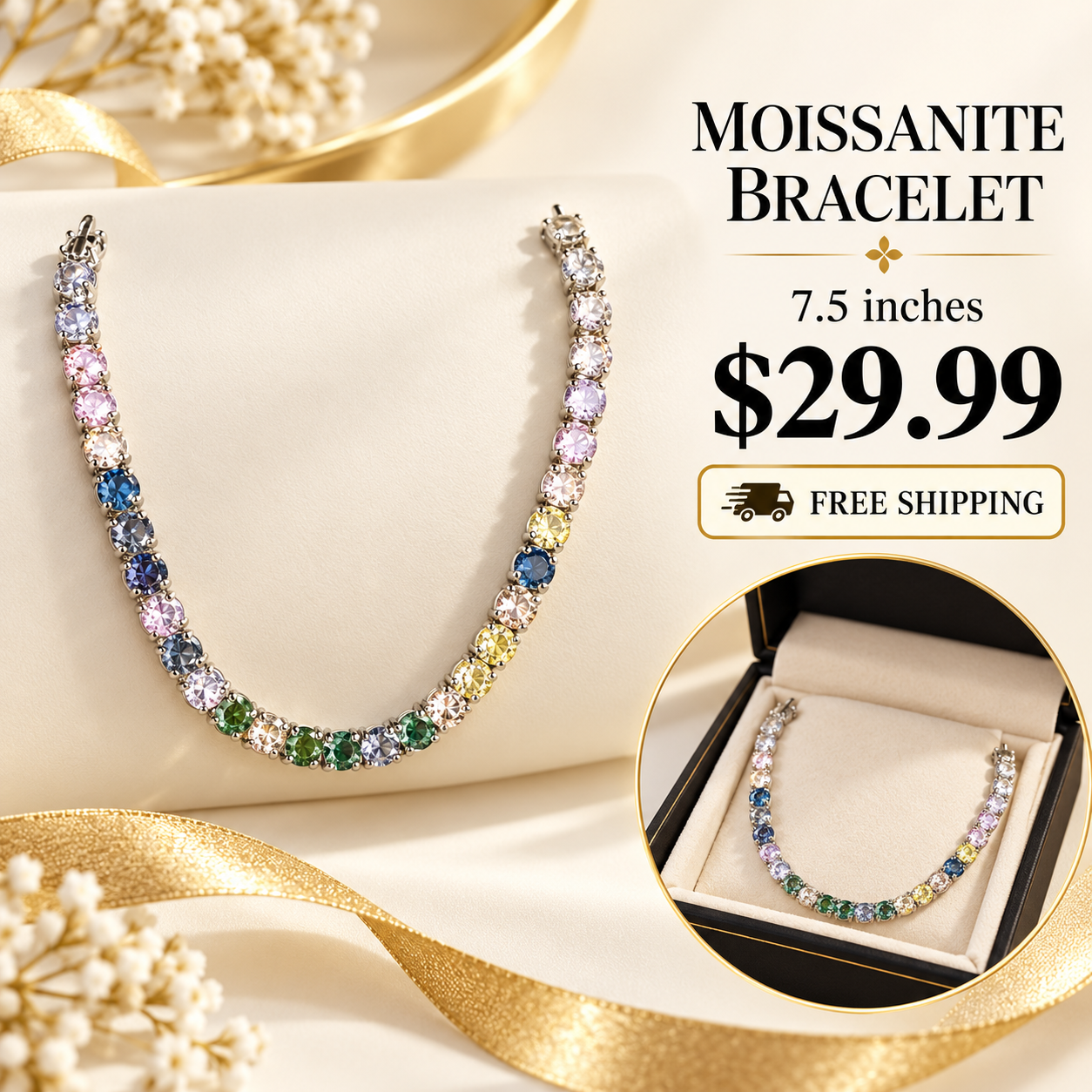Multicolor Moissanite Tennis Bracelet with product and gift presentation views