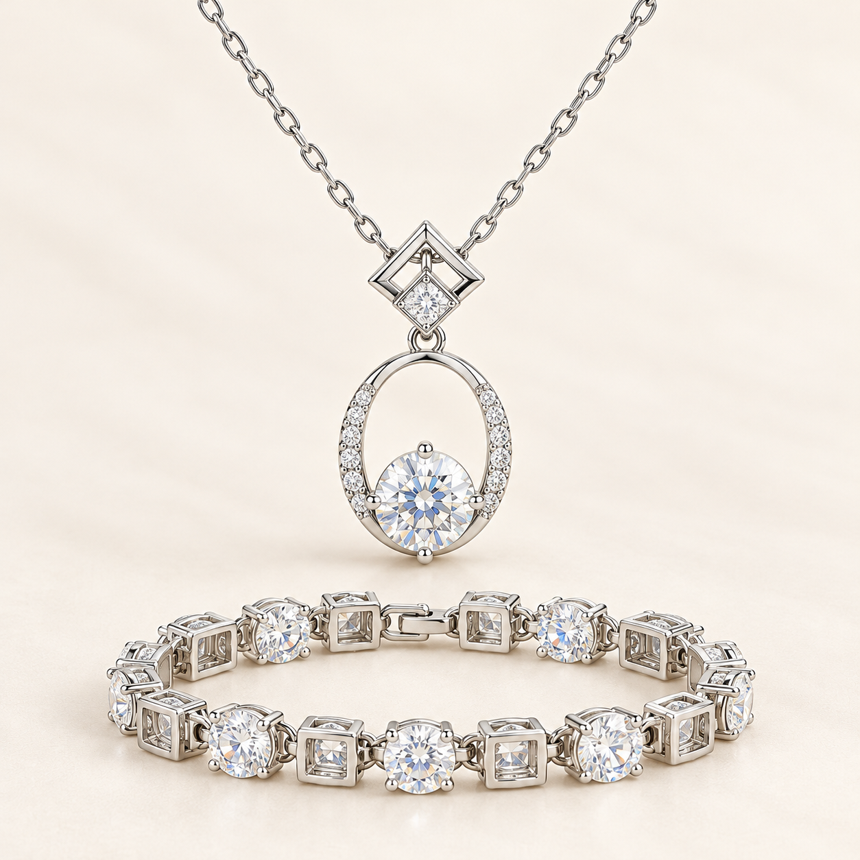 Moissanite Geometric Pendant & Bracelet Set with product and gift presentation views