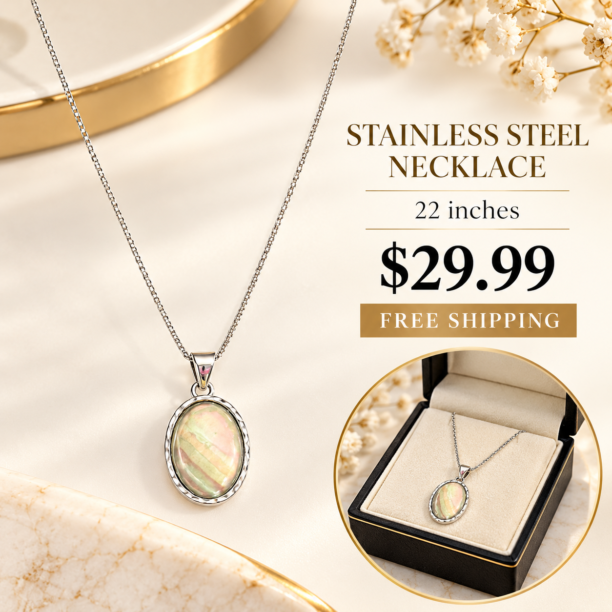 Stainless Steel Oval Pendant Necklace with product and gift presentation views