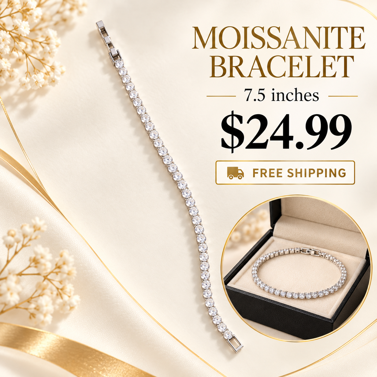 Silver-Tone Moissanite Tennis Bracelet with product and gift presentation views