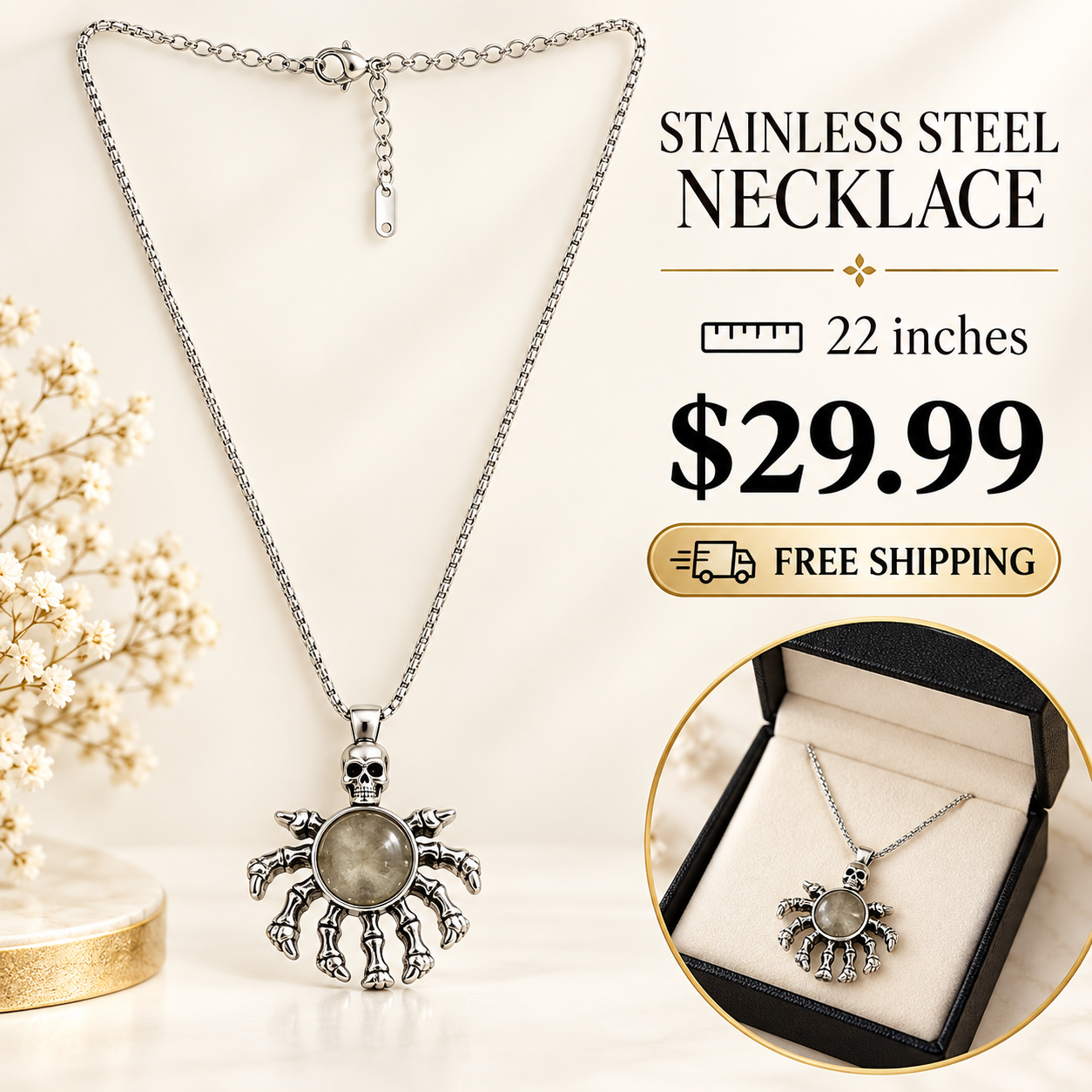 Stainless Steel Skull Pendant Necklace with product and gift presentation views