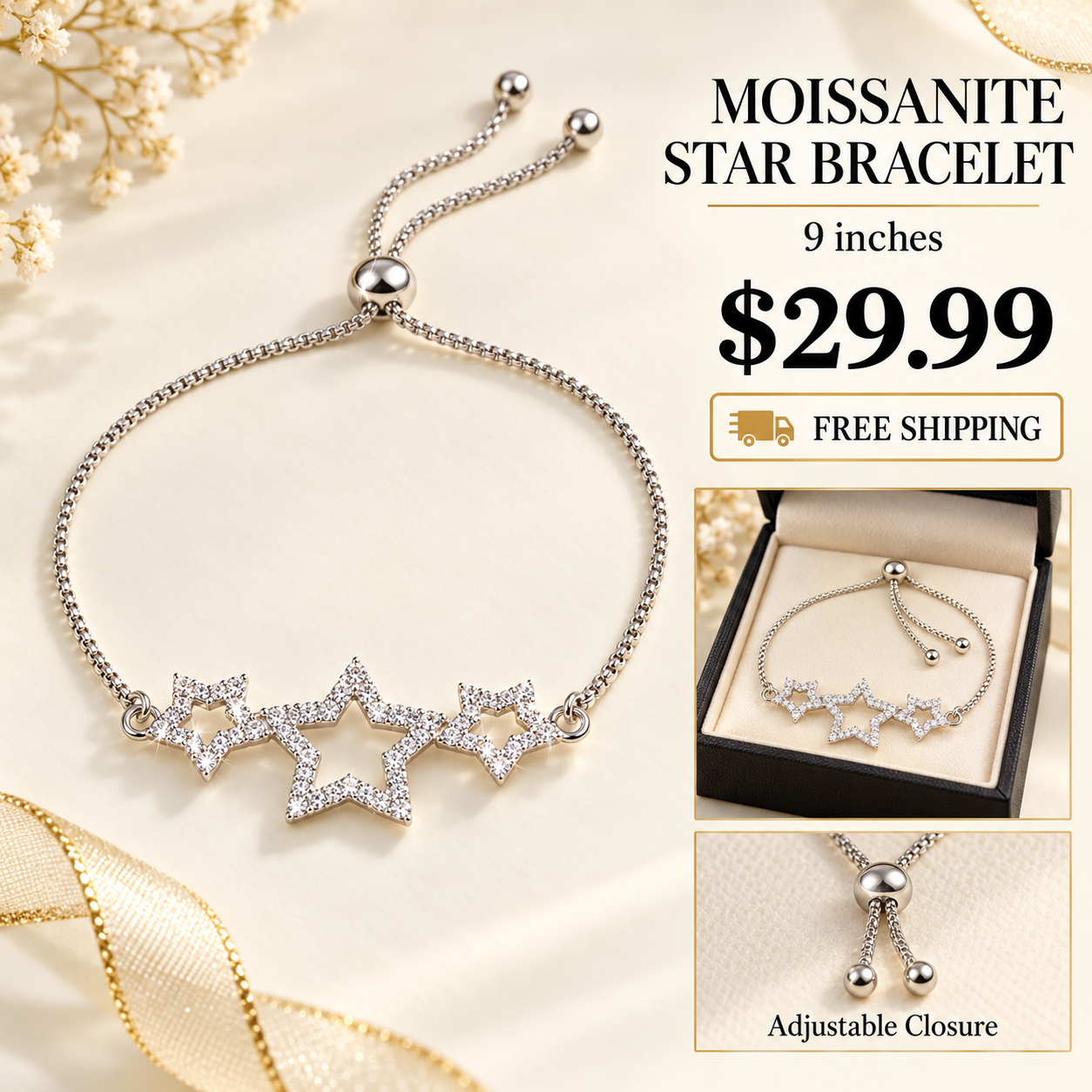 Moissanite Three-Star Adjustable Bracelet with product and gift presentation views