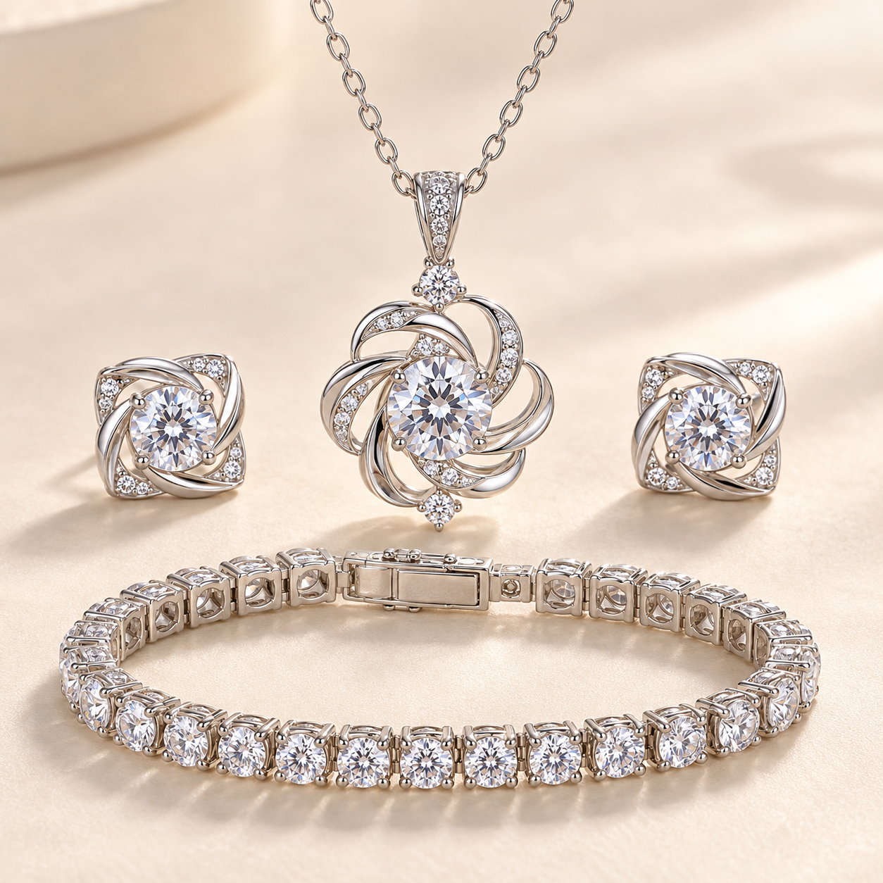 Moissanite Swirl Necklace, Earrings & Bracelet Set with product and gift presentation views
