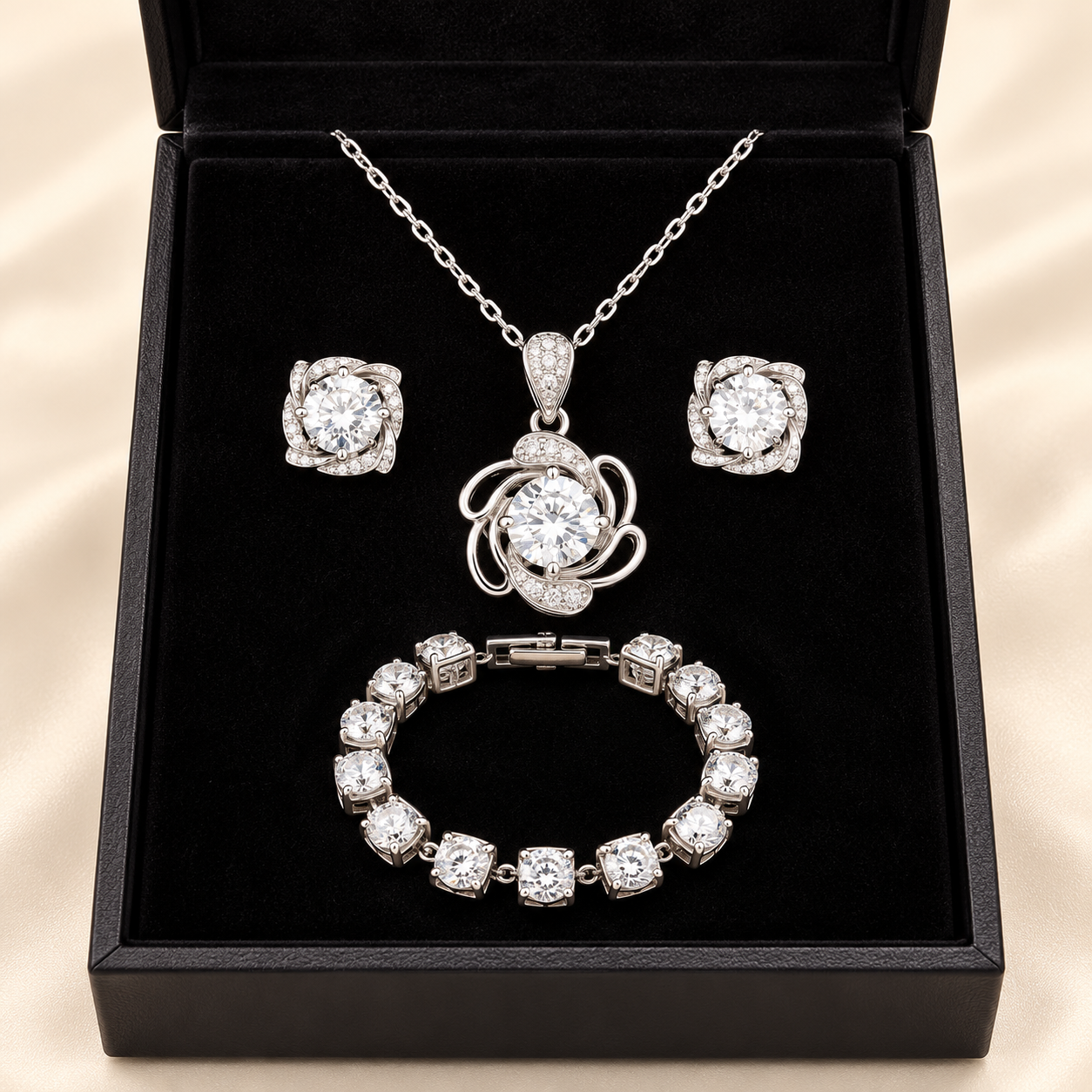 Moissanite Swirl Necklace, Earrings & Bracelet Set view 2