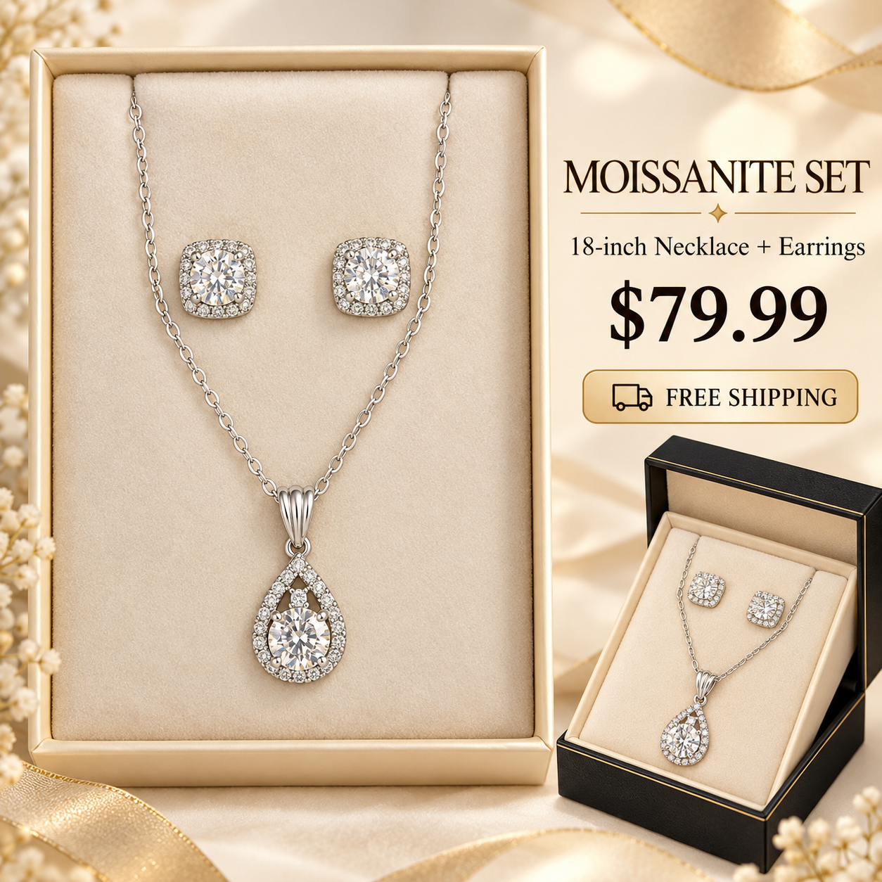 Moissanite Teardrop Necklace & Stud Earrings Set with product and gift presentation views